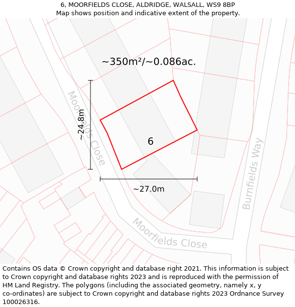 6, MOORFIELDS CLOSE, ALDRIDGE, WALSALL, WS9 8BP: Plot and title map