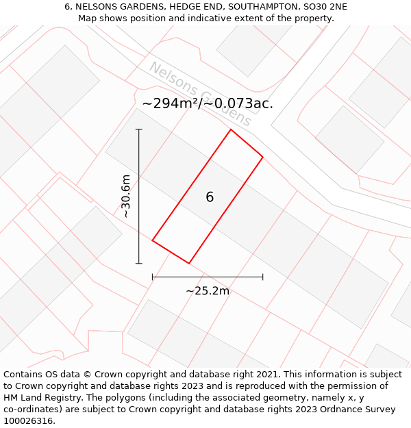 6, NELSONS GARDENS, HEDGE END, SOUTHAMPTON, SO30 2NE: Plot and title map