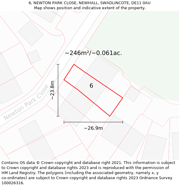 6, NEWTON PARK CLOSE, NEWHALL, SWADLINCOTE, DE11 0AU: Plot and title map