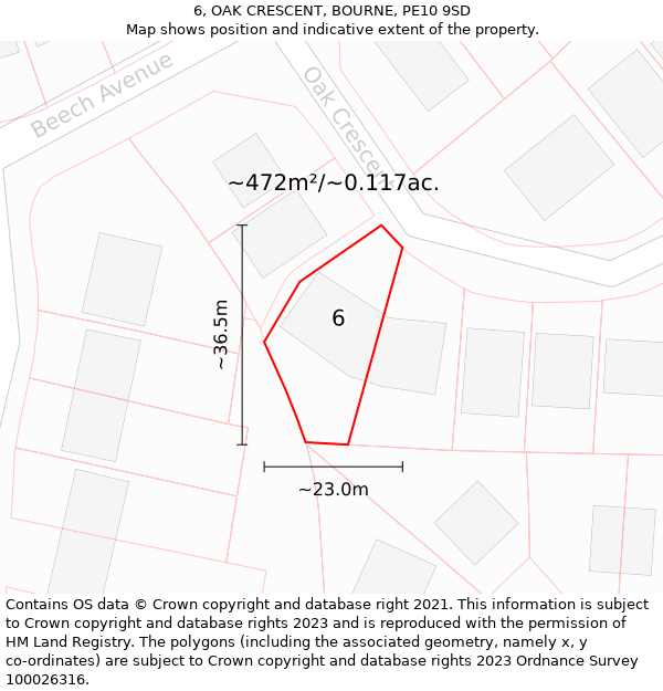 6, OAK CRESCENT, BOURNE, PE10 9SD: Plot and title map