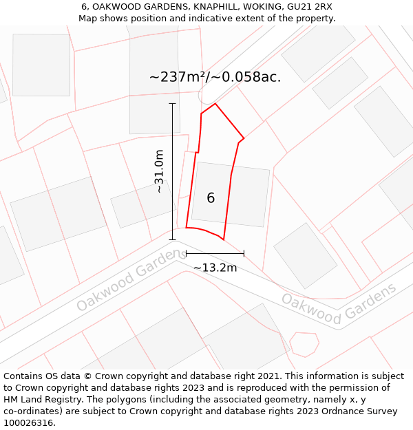 6, OAKWOOD GARDENS, KNAPHILL, WOKING, GU21 2RX: Plot and title map