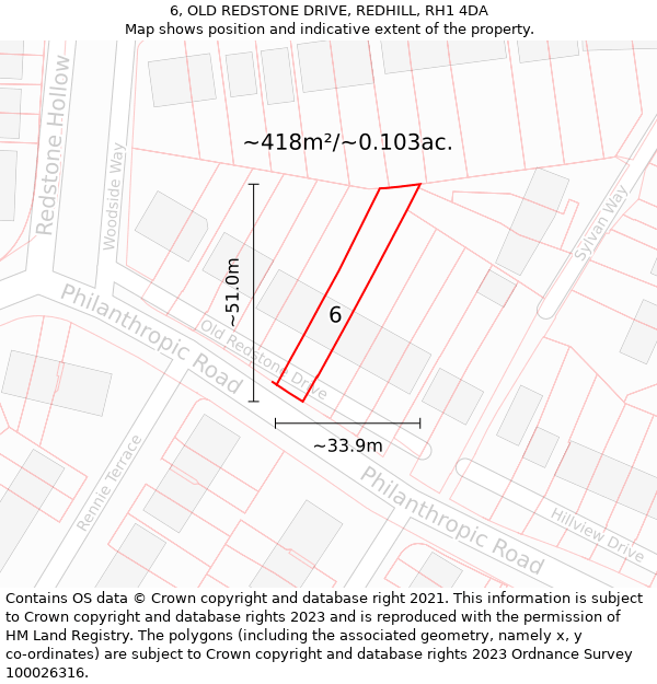 6, OLD REDSTONE DRIVE, REDHILL, RH1 4DA: Plot and title map