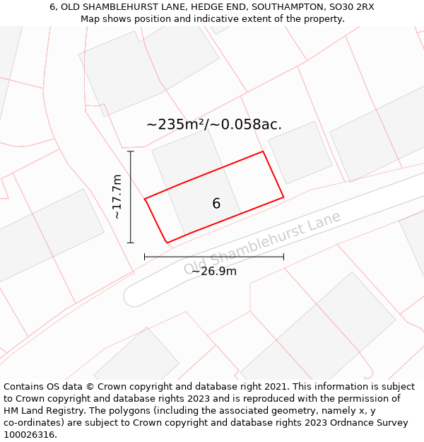 6, OLD SHAMBLEHURST LANE, HEDGE END, SOUTHAMPTON, SO30 2RX: Plot and title map