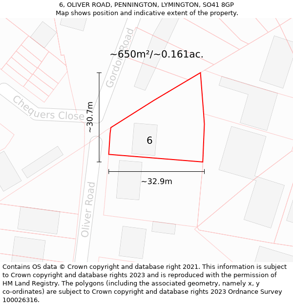 6, OLIVER ROAD, PENNINGTON, LYMINGTON, SO41 8GP: Plot and title map