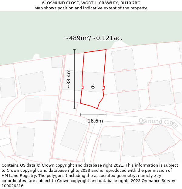 6, OSMUND CLOSE, WORTH, CRAWLEY, RH10 7RG: Plot and title map
