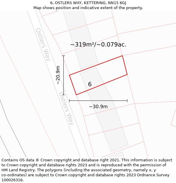 6, OSTLERS WAY, KETTERING, NN15 6GJ: Plot and title map