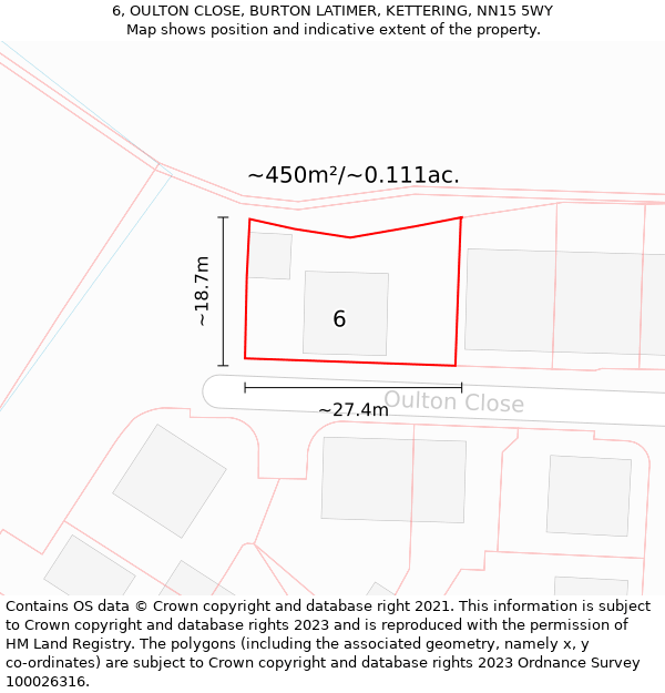 6, OULTON CLOSE, BURTON LATIMER, KETTERING, NN15 5WY: Plot and title map