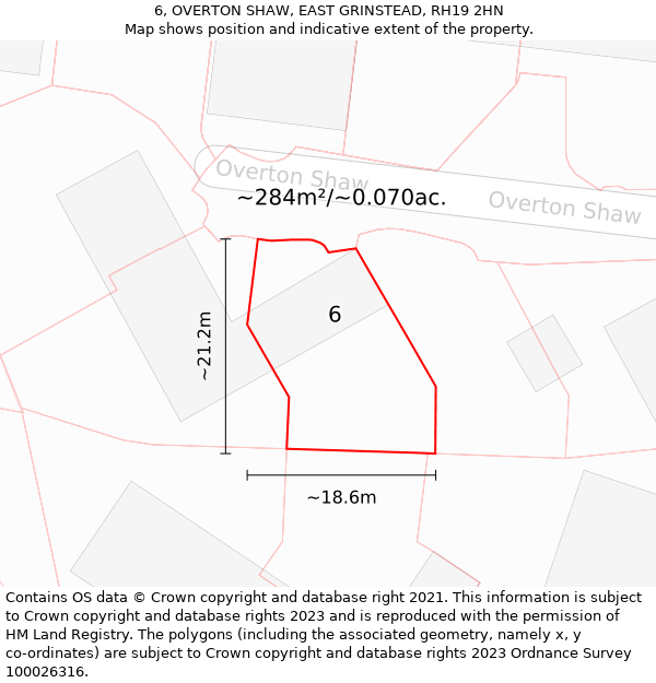 6, OVERTON SHAW, EAST GRINSTEAD, RH19 2HN: Plot and title map