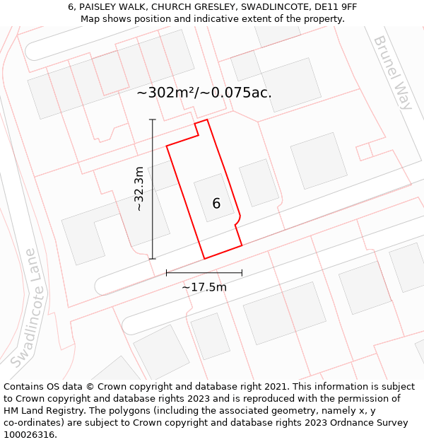 6, PAISLEY WALK, CHURCH GRESLEY, SWADLINCOTE, DE11 9FF: Plot and title map