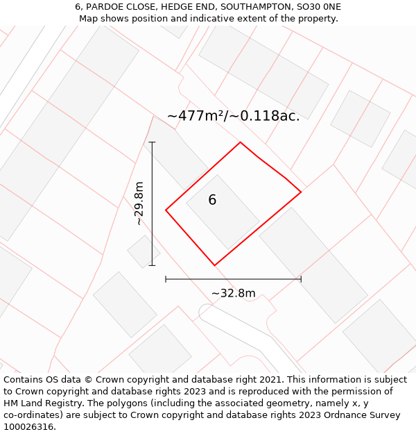 6, PARDOE CLOSE, HEDGE END, SOUTHAMPTON, SO30 0NE: Plot and title map