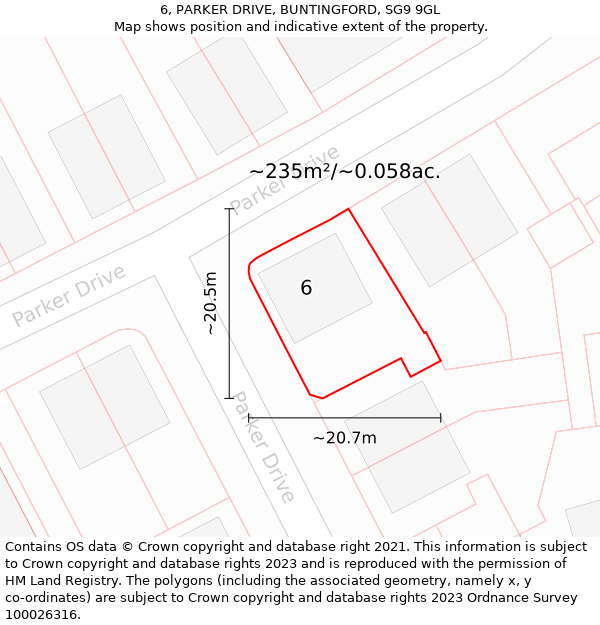 6, PARKER DRIVE, BUNTINGFORD, SG9 9GL: Plot and title map