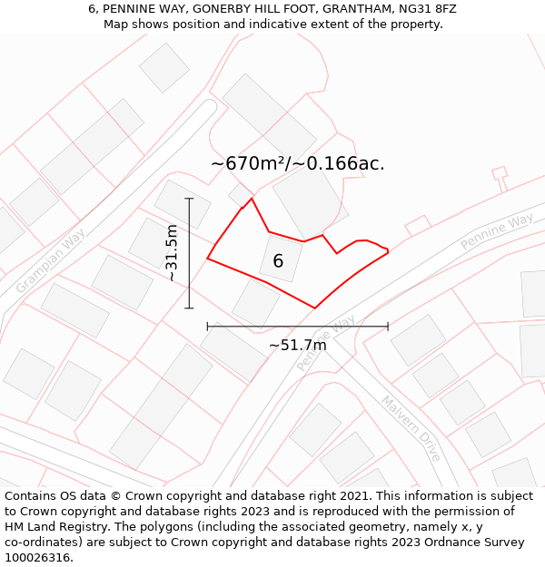 6, PENNINE WAY, GONERBY HILL FOOT, GRANTHAM, NG31 8FZ: Plot and title map