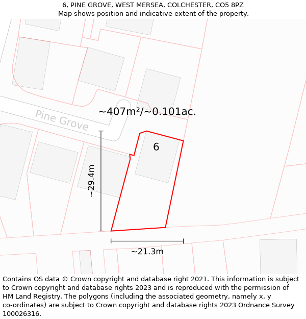 6, PINE GROVE, WEST MERSEA, COLCHESTER, CO5 8PZ: Plot and title map