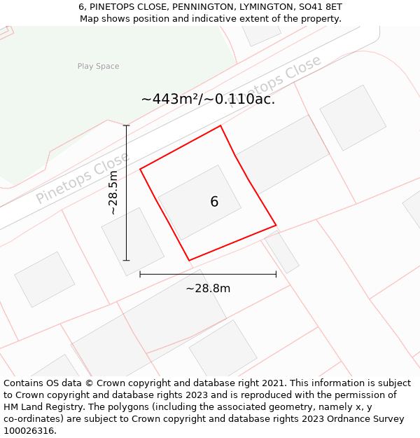 6, PINETOPS CLOSE, PENNINGTON, LYMINGTON, SO41 8ET: Plot and title map