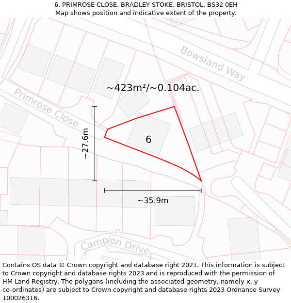 6, PRIMROSE CLOSE, BRADLEY STOKE, BRISTOL, BS32 0EH: Plot and title map