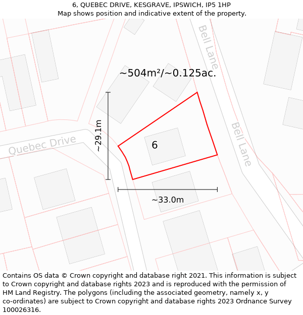 6, QUEBEC DRIVE, KESGRAVE, IPSWICH, IP5 1HP: Plot and title map