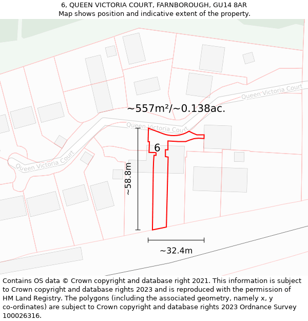 6, QUEEN VICTORIA COURT, FARNBOROUGH, GU14 8AR: Plot and title map