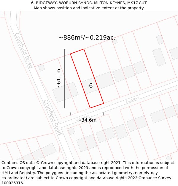 6, RIDGEWAY, WOBURN SANDS, MILTON KEYNES, MK17 8UT: Plot and title map