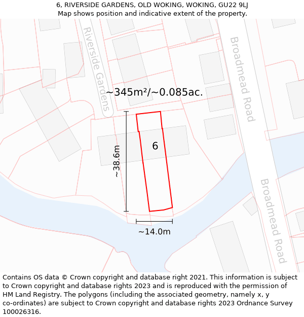 6, RIVERSIDE GARDENS, OLD WOKING, WOKING, GU22 9LJ: Plot and title map