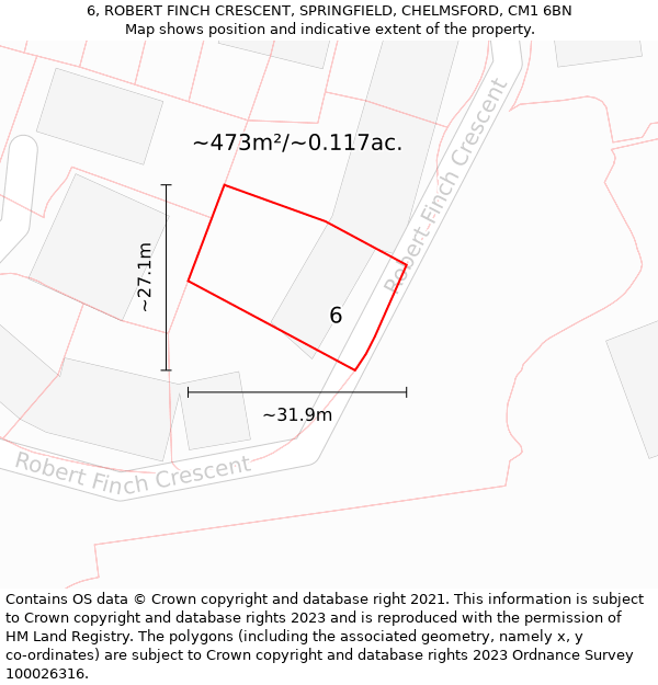 6, ROBERT FINCH CRESCENT, SPRINGFIELD, CHELMSFORD, CM1 6BN: Plot and title map