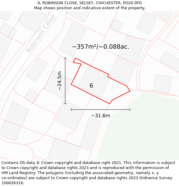 6, ROBINSON CLOSE, SELSEY, CHICHESTER, PO20 0FD: Plot and title map