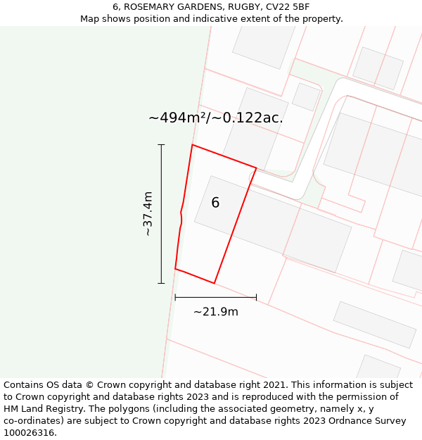 6, ROSEMARY GARDENS, RUGBY, CV22 5BF: Plot and title map