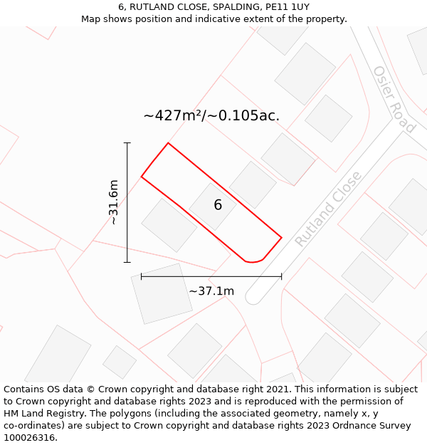 6, RUTLAND CLOSE, SPALDING, PE11 1UY: Plot and title map