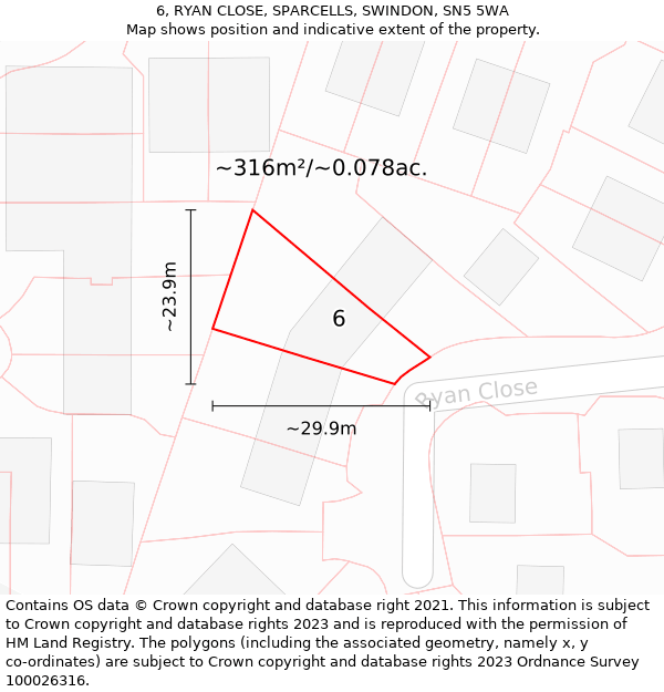 6, RYAN CLOSE, SPARCELLS, SWINDON, SN5 5WA: Plot and title map