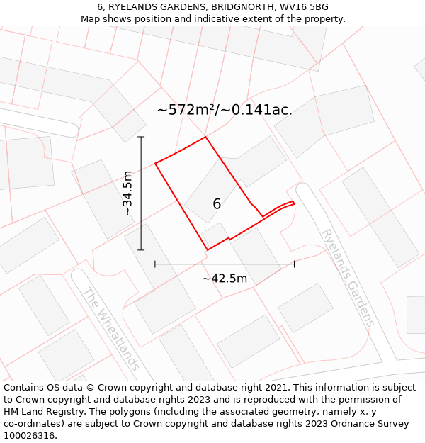 6, RYELANDS GARDENS, BRIDGNORTH, WV16 5BG: Plot and title map