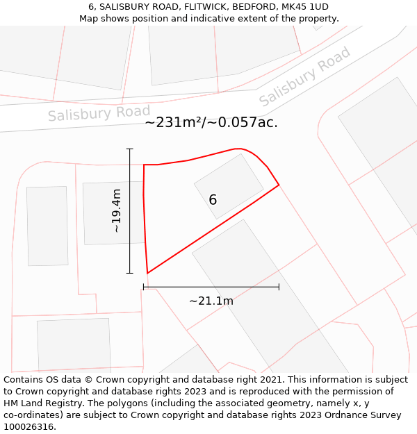 6, SALISBURY ROAD, FLITWICK, BEDFORD, MK45 1UD: Plot and title map
