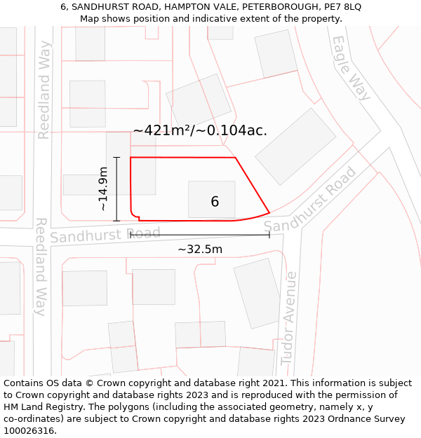 6, SANDHURST ROAD, HAMPTON VALE, PETERBOROUGH, PE7 8LQ: Plot and title map