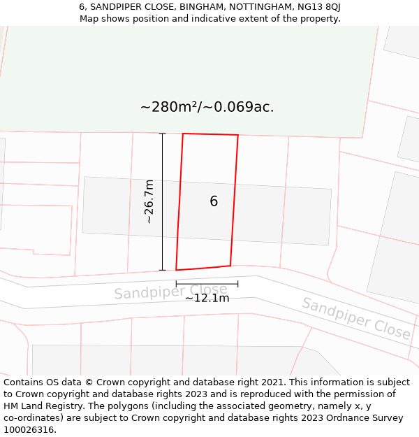 6, SANDPIPER CLOSE, BINGHAM, NOTTINGHAM, NG13 8QJ: Plot and title map