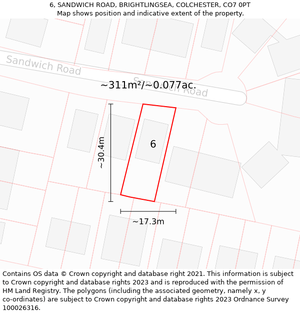 6, SANDWICH ROAD, BRIGHTLINGSEA, COLCHESTER, CO7 0PT: Plot and title map