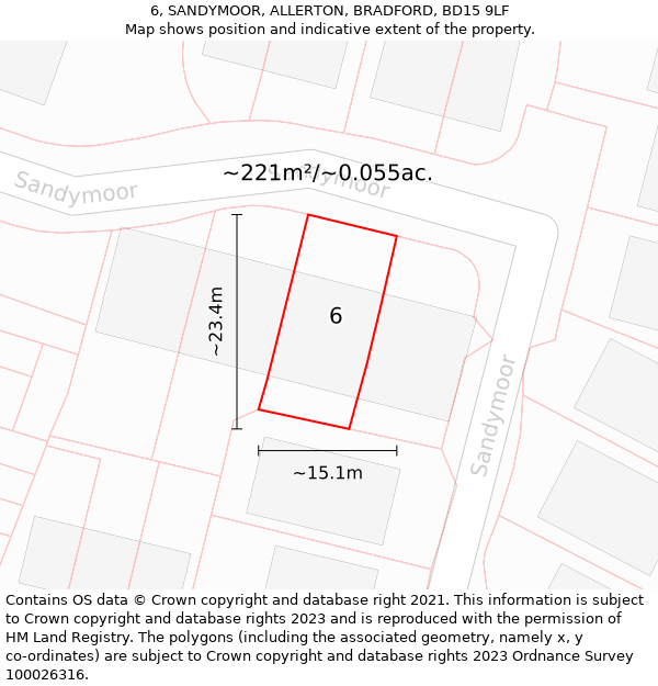 6, SANDYMOOR, ALLERTON, BRADFORD, BD15 9LF: Plot and title map