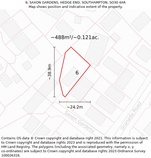 6, SAXON GARDENS, HEDGE END, SOUTHAMPTON, SO30 4AR: Plot and title map