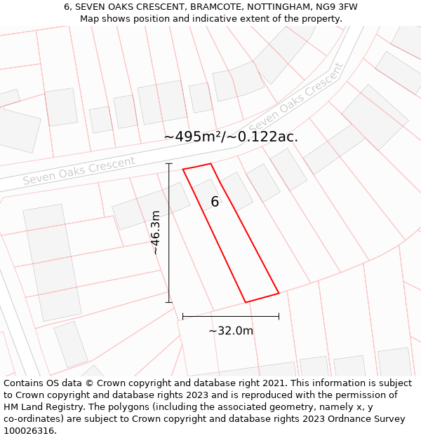 6, SEVEN OAKS CRESCENT, BRAMCOTE, NOTTINGHAM, NG9 3FW: Plot and title map