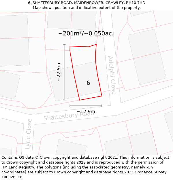 6, SHAFTESBURY ROAD, MAIDENBOWER, CRAWLEY, RH10 7HD: Plot and title map