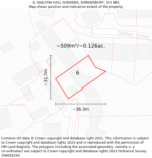 6, SHELTON HALL GARDENS, SHREWSBURY, SY3 8BS: Plot and title map