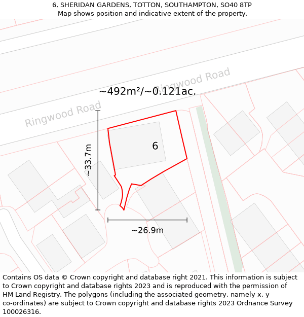 6, SHERIDAN GARDENS, TOTTON, SOUTHAMPTON, SO40 8TP: Plot and title map