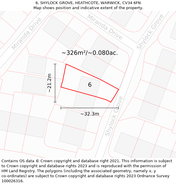 6, SHYLOCK GROVE, HEATHCOTE, WARWICK, CV34 6FN: Plot and title map