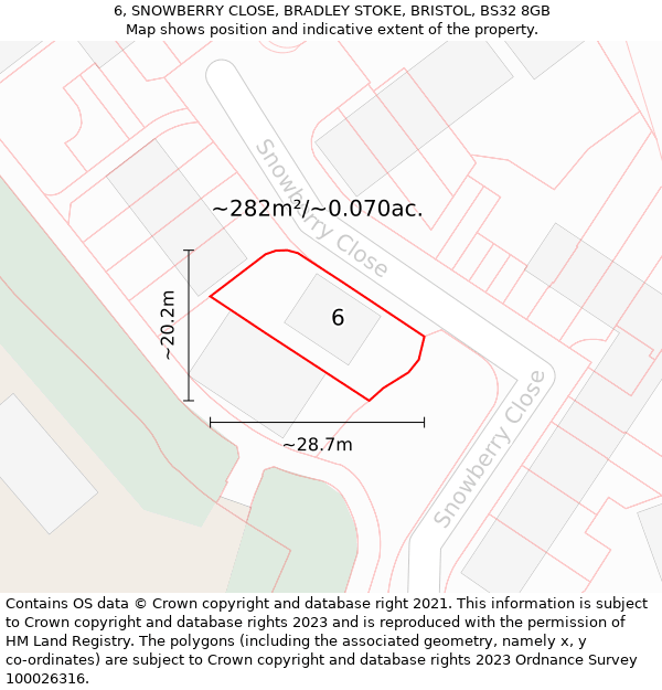 6, SNOWBERRY CLOSE, BRADLEY STOKE, BRISTOL, BS32 8GB: Plot and title map