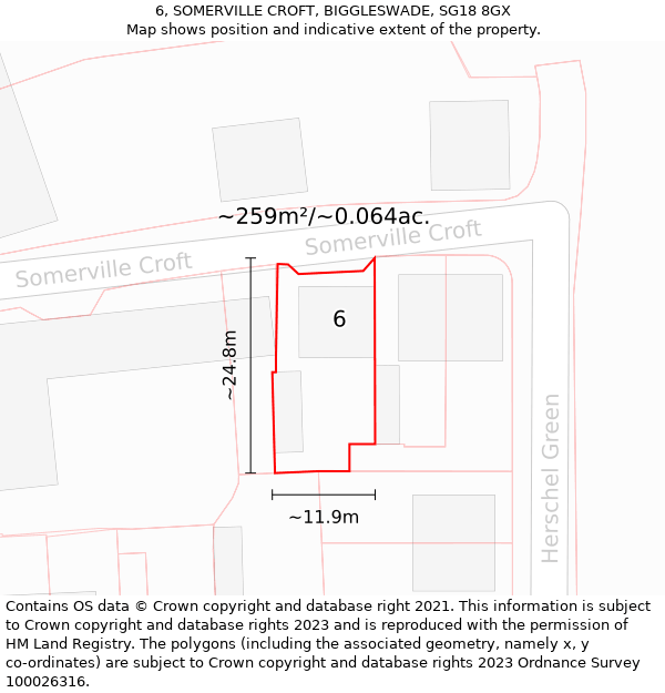 6, SOMERVILLE CROFT, BIGGLESWADE, SG18 8GX: Plot and title map