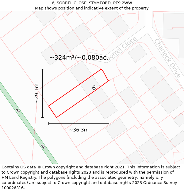 6, SORREL CLOSE, STAMFORD, PE9 2WW: Plot and title map