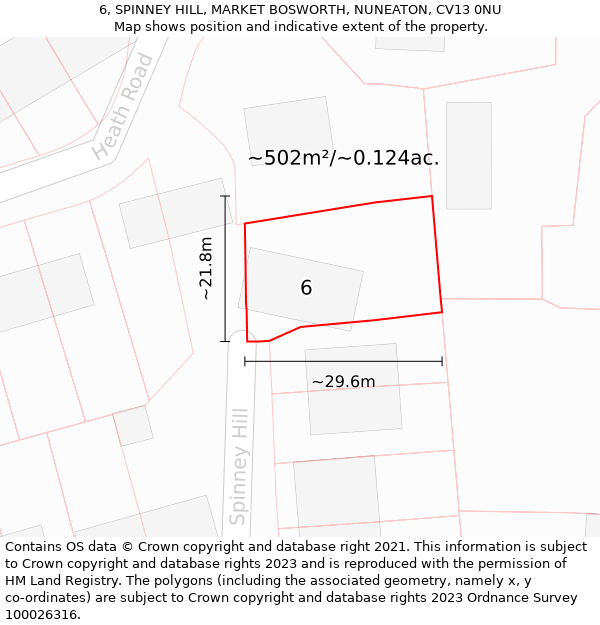 6, SPINNEY HILL, MARKET BOSWORTH, NUNEATON, CV13 0NU: Plot and title map