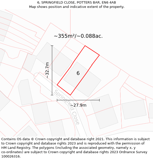 6, SPRINGFIELD CLOSE, POTTERS BAR, EN6 4AB: Plot and title map