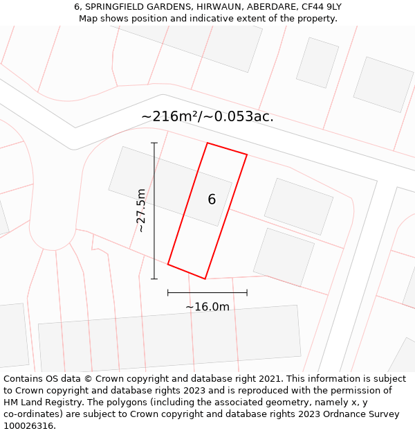 6, SPRINGFIELD GARDENS, HIRWAUN, ABERDARE, CF44 9LY: Plot and title map