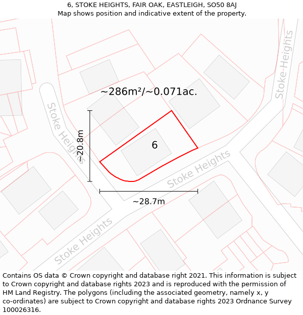 6, STOKE HEIGHTS, FAIR OAK, EASTLEIGH, SO50 8AJ: Plot and title map