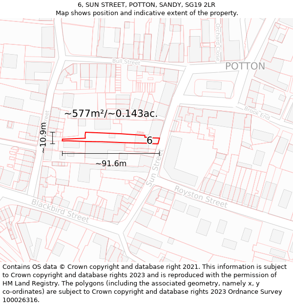 6, SUN STREET, POTTON, SANDY, SG19 2LR: Plot and title map