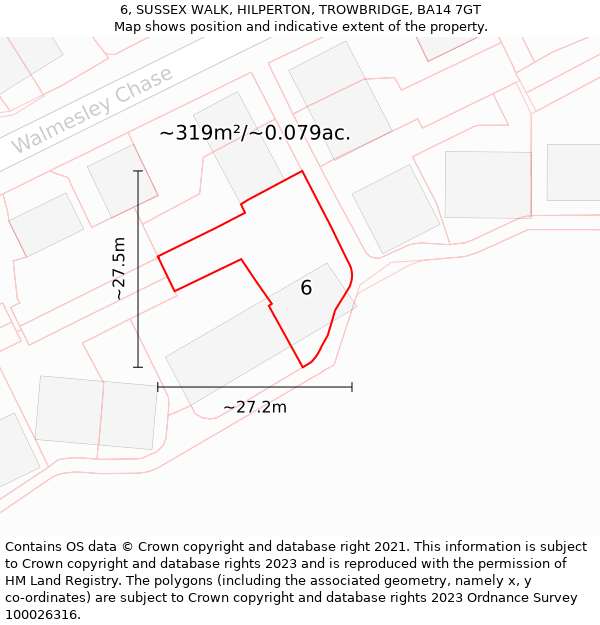 6, SUSSEX WALK, HILPERTON, TROWBRIDGE, BA14 7GT: Plot and title map