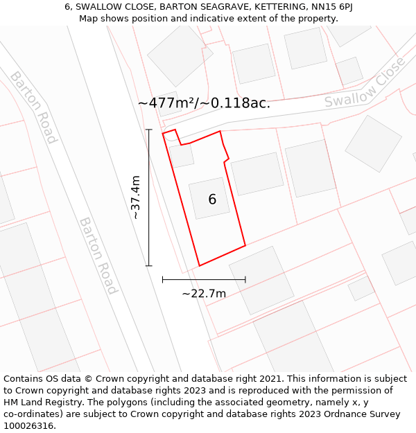 6, SWALLOW CLOSE, BARTON SEAGRAVE, KETTERING, NN15 6PJ: Plot and title map